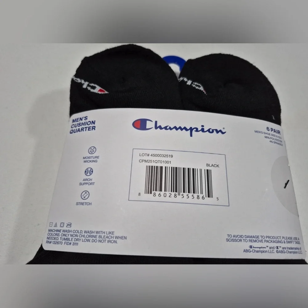 Champion Men’s Performance Cushion Quarter Ankle Socks 6 pairs black size 6-12
